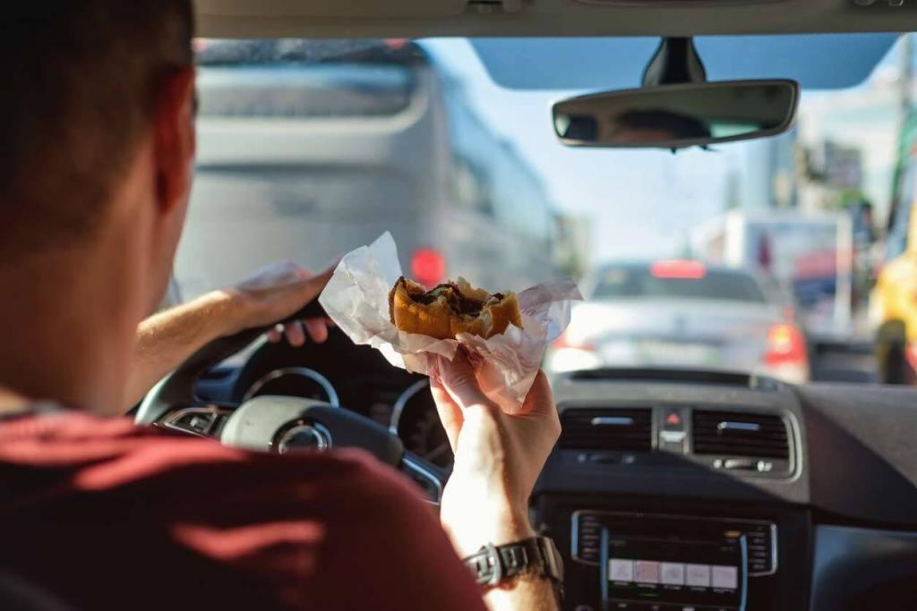 man eating a cheeseburger while driving