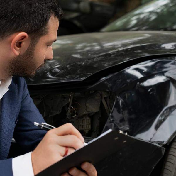 insurance adjuster examining car accident damage