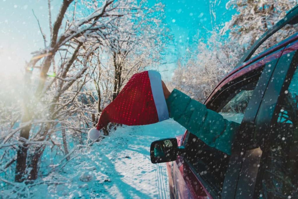 santa hat hanging out car window