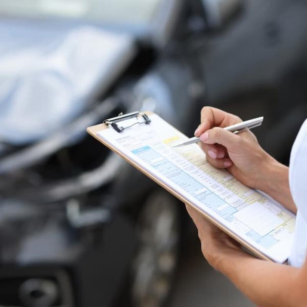 insurance adjuster investigating damage after a car accident
